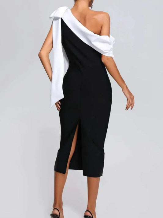 Contrast color stitching bow one shoulder dress