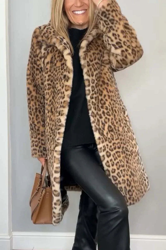 Stylish Leopard Print Lapel Faux Fur Mid-length Coat