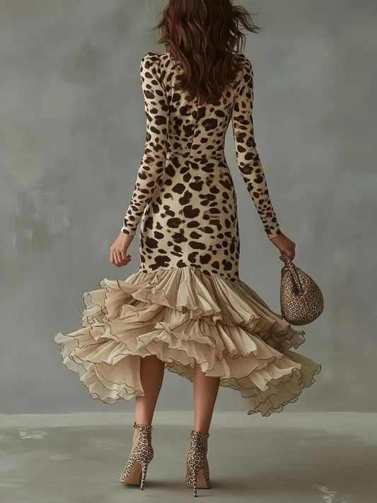 Vintage Leopard V-Neck Mermaid Party Dress