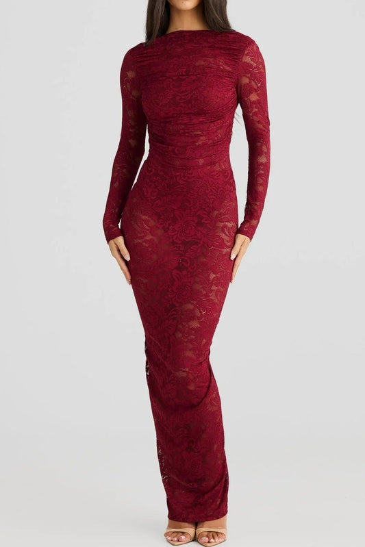 Hollowed Lace Long Sleeved Backless Maxi Dress