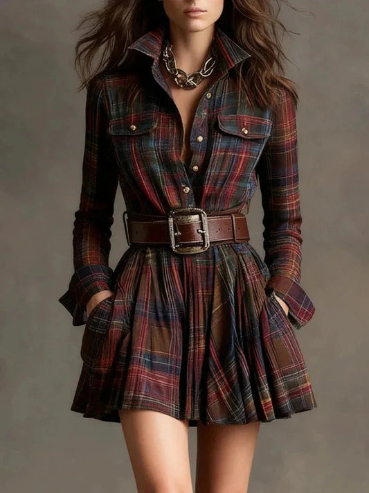 The Blaire Vintage Plaid Pleated Shirt Dress