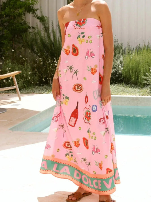Strapless Bandeau Resort Print Maxi Dress