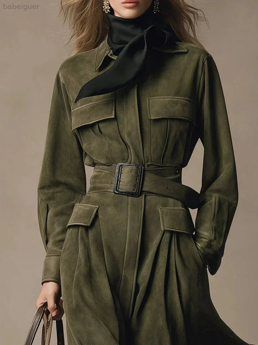 Retro Western Style Green Workwear Faux Suede Midi Dress（Includes belt）