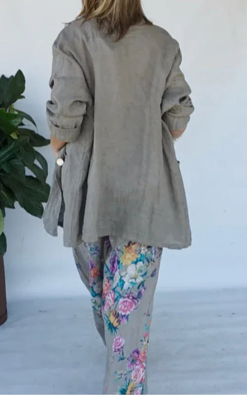 Green jacket and floral print wide-leg pants set