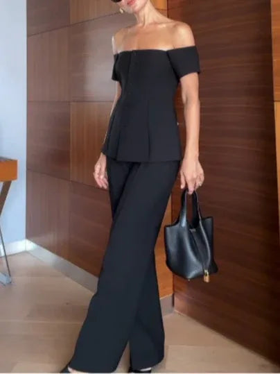 Off-shoulder short-sleeved button-down vest suit